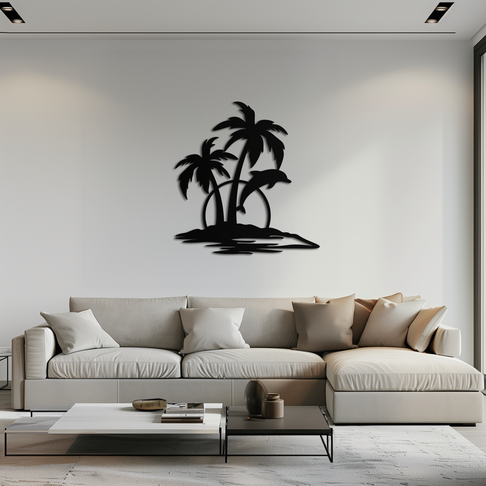 Tropical Dolphin and Palm Tree Metal Wall Art – Sunset Island Scene Coastal Decor- KAF598