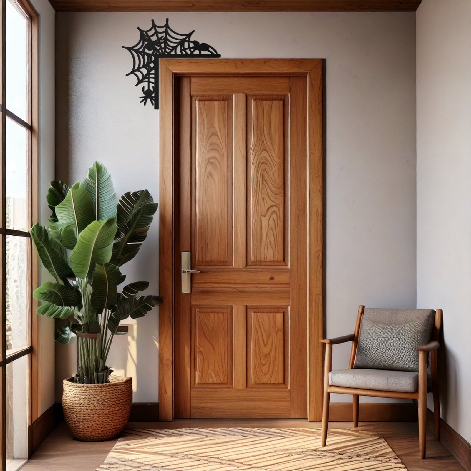 Spider Web Corner Metal Door Decor – Halloween Themed Wall Accent for Entryways- KAF601