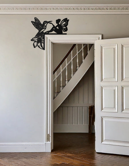 Fairy and Hummingbird Corner Metal Wall Art – Whimsical Door Frame Decoration for Home- KAF604