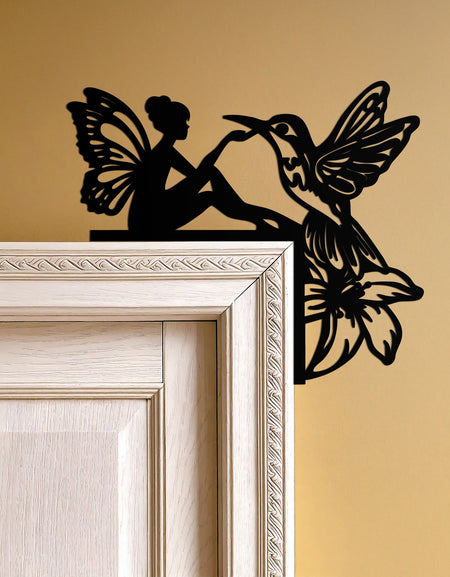 Fairy and Hummingbird Corner Metal Wall Art – Whimsical Door Frame Decoration for Home- KAF604
