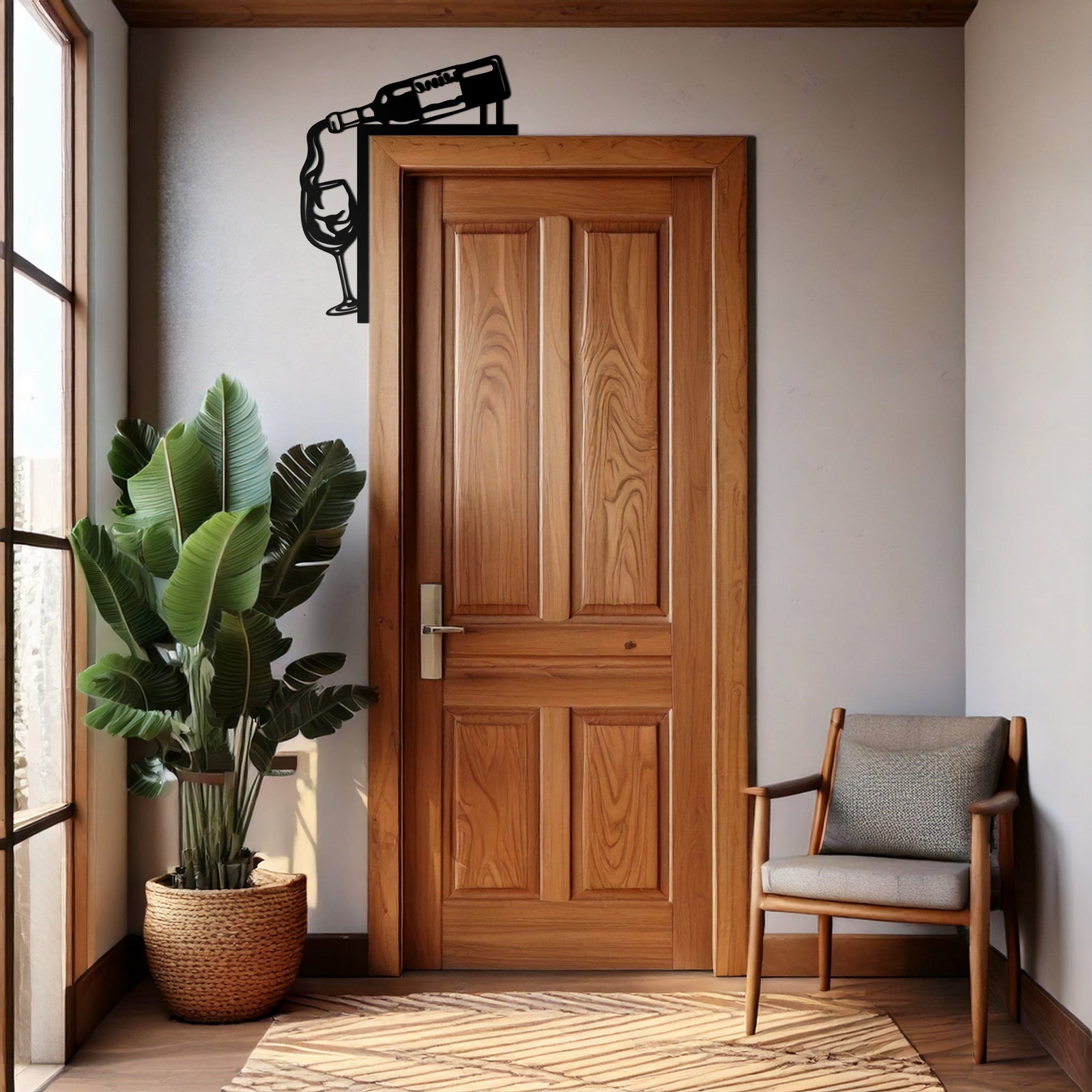 Wine Bottle and Glass Metal Door Corner Decor – Bar & Kitchen Wall Art Accent-KAF609