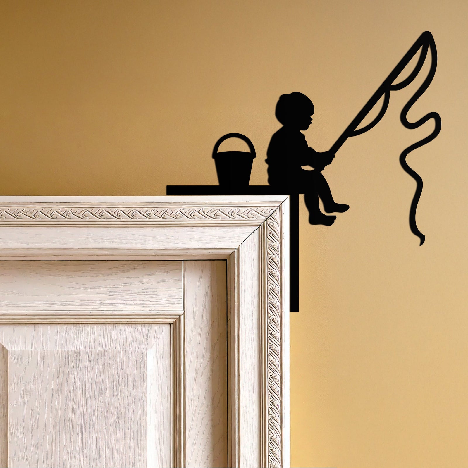 Child Fishing Corner Metal Wall Art – Playful Kids Silhouette Door Corner Decor-KAF610
