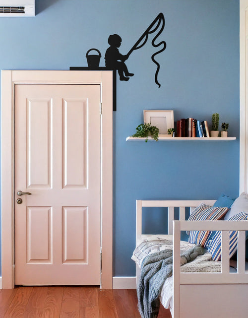 Load image into Gallery viewer, Child Fishing Corner Metal Wall Art – Playful Kids Silhouette Door Corner Decor-KAF610
