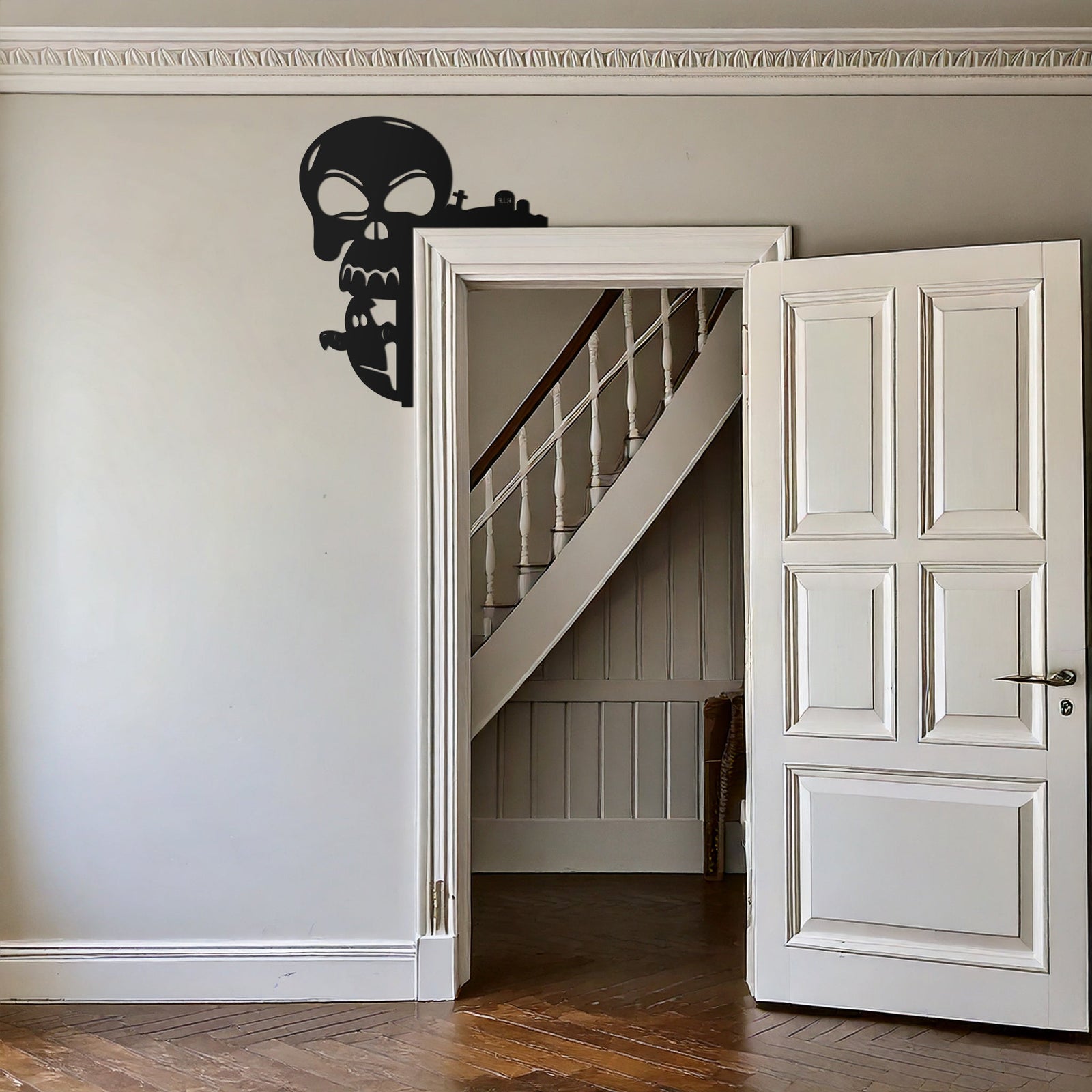 Skull and Bat Corner Metal Wall Art – Spooky Halloween Door Decor-KAF612