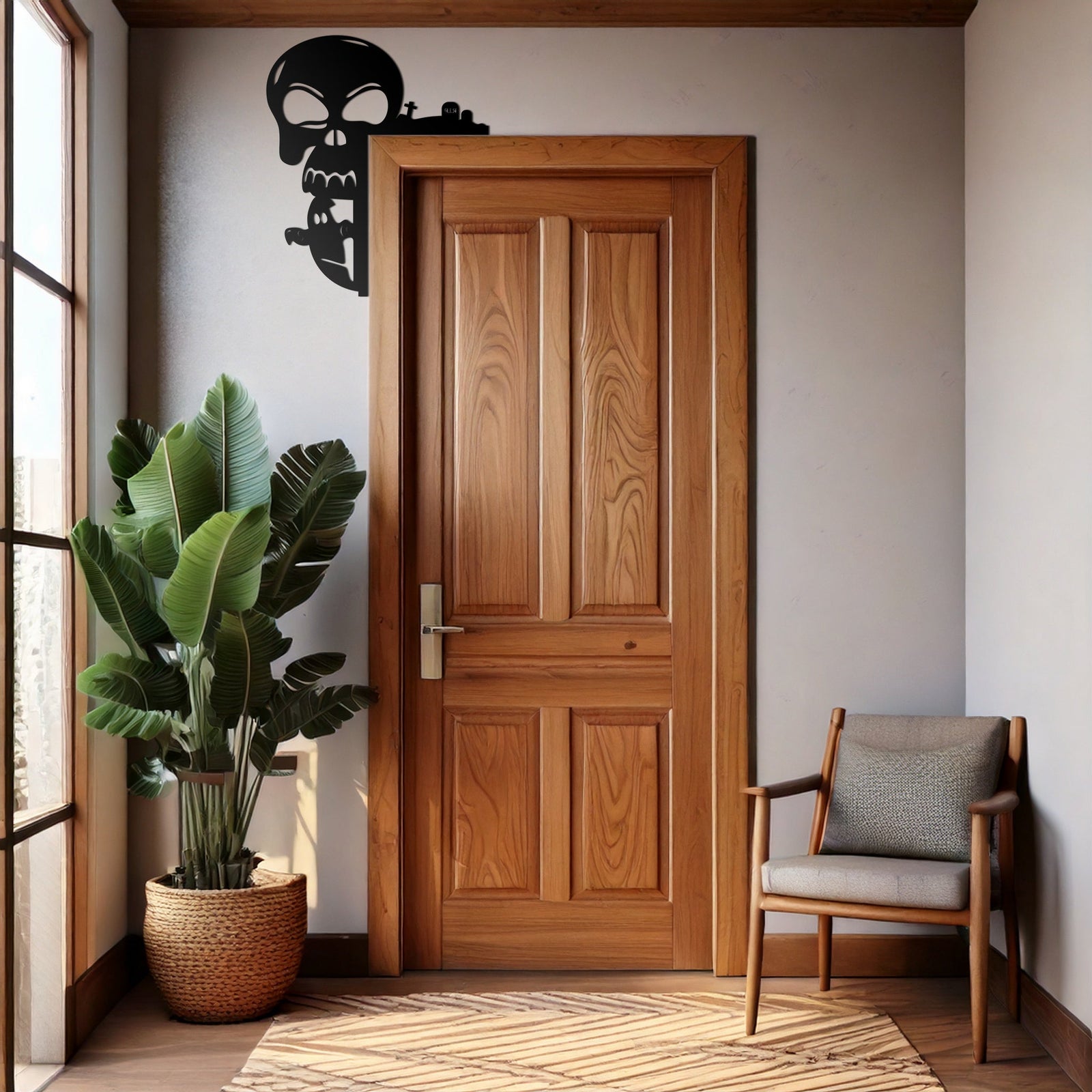 Skull and Bat Corner Metal Wall Art – Spooky Halloween Door Decor-KAF612