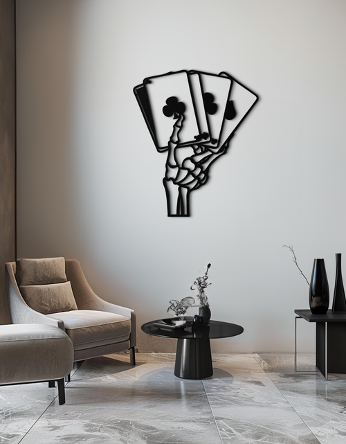 Load image into Gallery viewer, Skeleton Hand Holding Playing Cards Metal Wall Art – Gothic Poker Room Decor-KAF614
