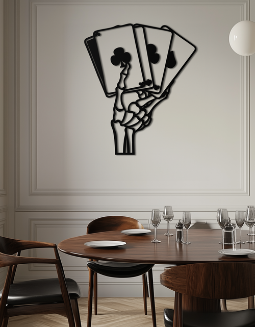 Load image into Gallery viewer, Skeleton Hand Holding Playing Cards Metal Wall Art – Gothic Poker Room Decor-KAF614

