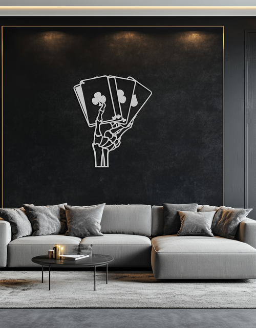 Load image into Gallery viewer, Skeleton Hand Holding Playing Cards Metal Wall Art – Gothic Poker Room Decor-KAF614

