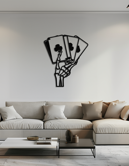Load image into Gallery viewer, Skeleton Hand Holding Playing Cards Metal Wall Art – Gothic Poker Room Decor-KAF614
