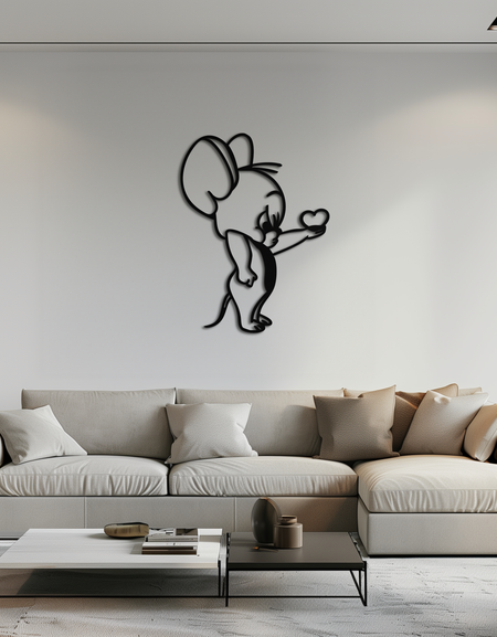 Jerry Holding Heart Metal Duvar Sanatı – Sevimli Karikatür Fare Silüeti Dekoru-KAF615