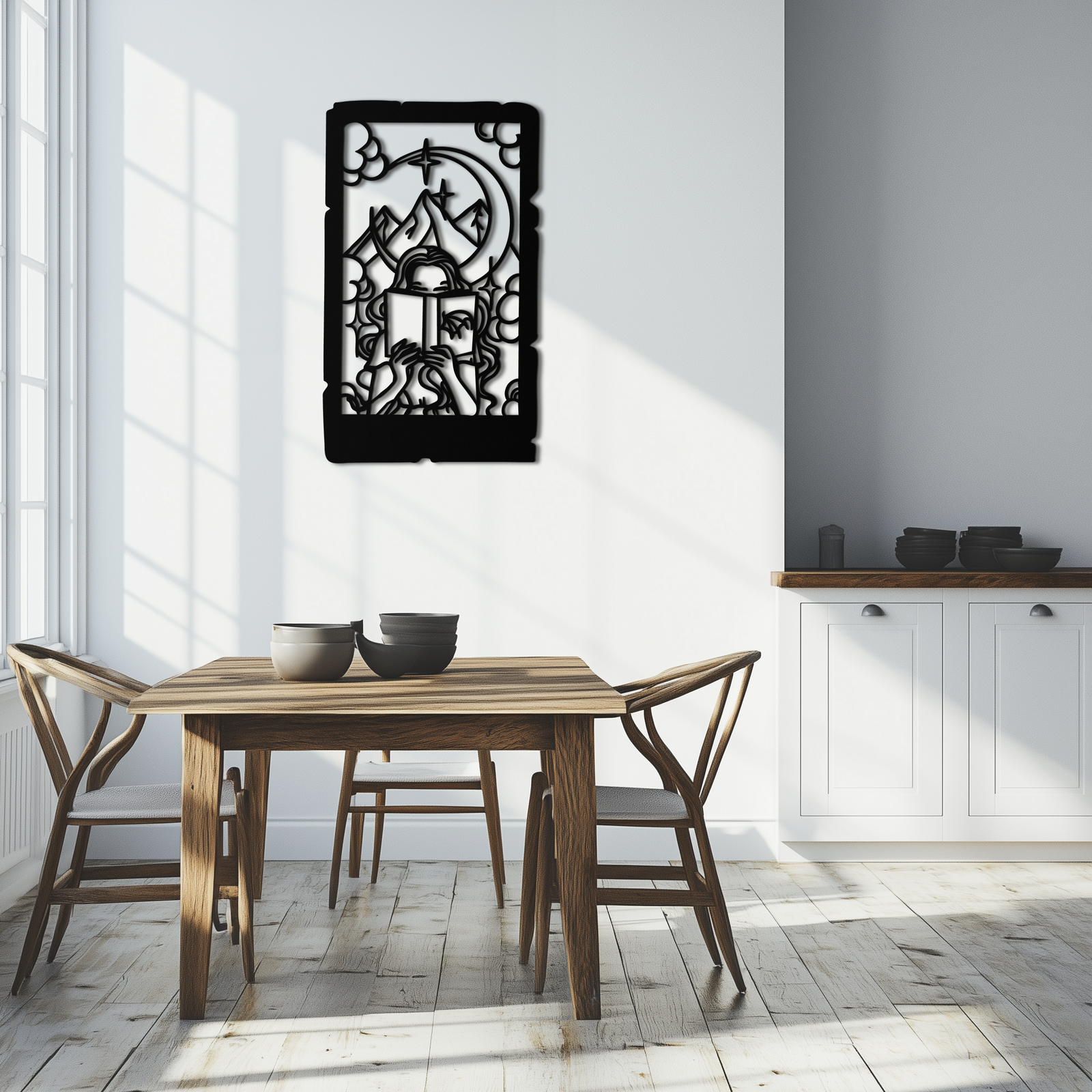 Reading Lady Metal Wall Art – Book Lover Silhouette with Moon and Mountains-KAF616