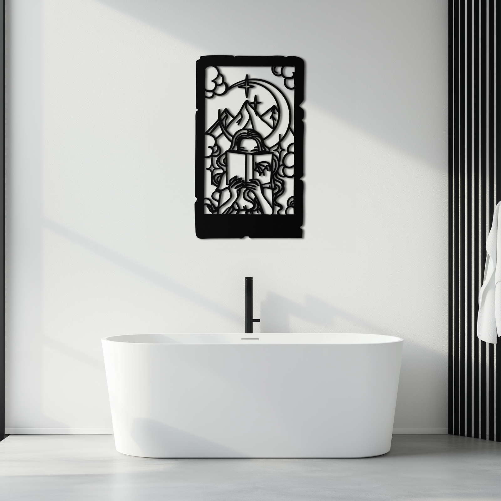 Reading Lady Metal Wall Art – Book Lover Silhouette with Moon and Mountains-KAF616