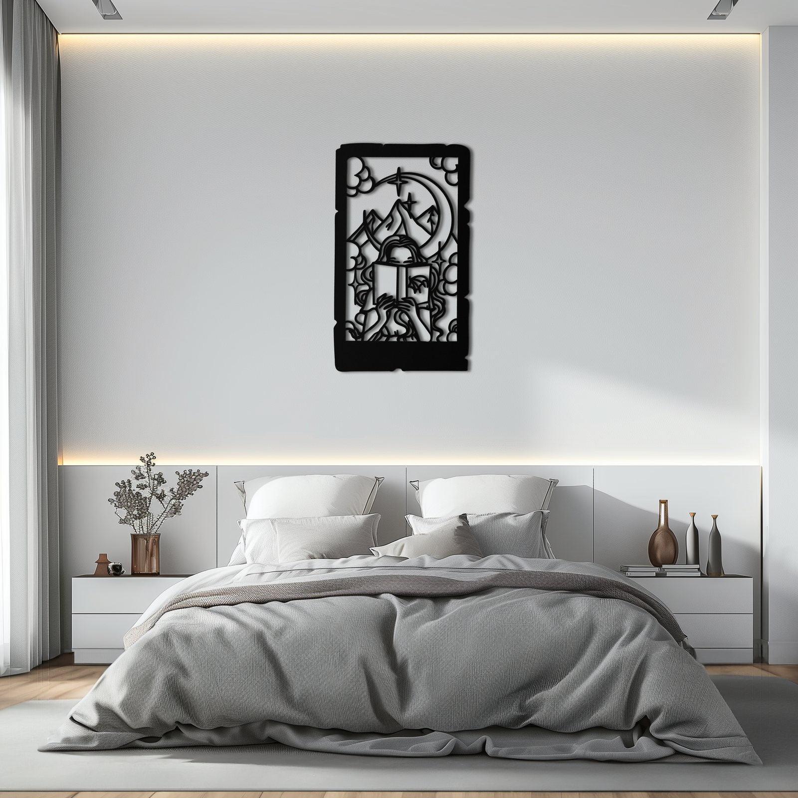 Reading Lady Metal Wall Art – Book Lover Silhouette with Moon and Mountains-KAF616