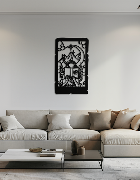 Okuma Kadını Metal Duvar Sanatı – Ay ve Dağlarla Kitap Sever Silüeti-KAF616