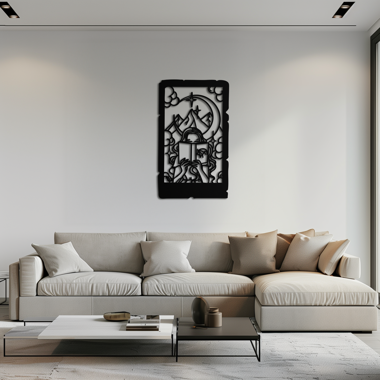 Reading Lady Metal Wall Art – Book Lover Silhouette with Moon and Mountains-KAF616