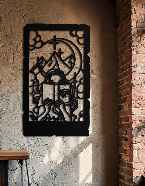 Load image into Gallery viewer, Reading Lady Metal Wall Art – Book Lover Silhouette with Moon and Mountains-KAF616
