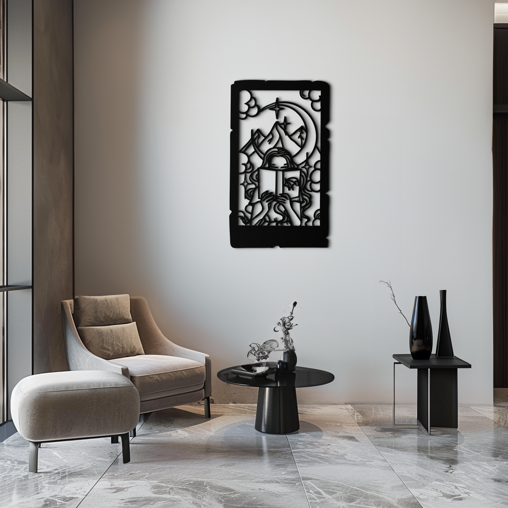 Reading Lady Metal Wall Art – Book Lover Silhouette with Moon and Mountains-KAF616