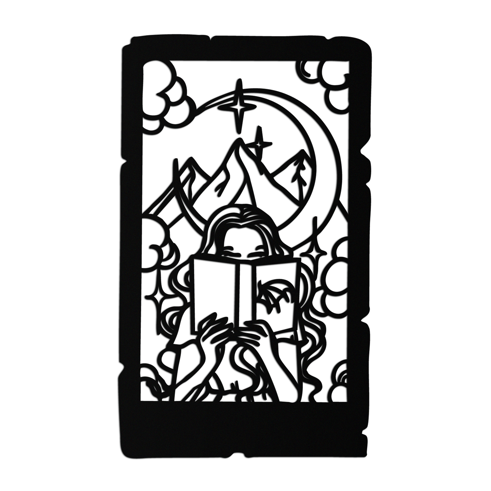 Reading Lady Metal Wall Art – Book Lover Silhouette with Moon and Mountains-KAF616