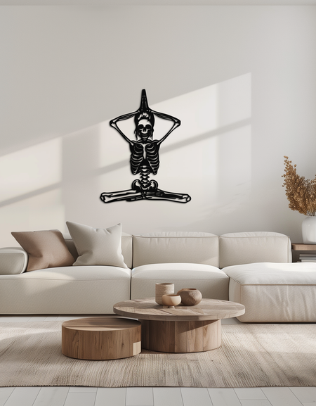 İskelet Yoga Pozu Metal Duvar Sanatı – Yoga Severler İçin Gotik Meditasyon Dekoru- KAF621