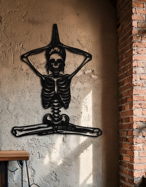 Load image into Gallery viewer, Skeleton Yoga Pose Metal Wall Art – Gothic Meditation Decor for Yoga Lovers- KAF621
