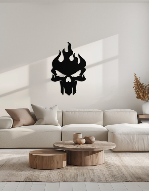 Load image into Gallery viewer, Flaming Skull Metal Wall Art – Bold Gothic Flame Skull Design- KAF623

