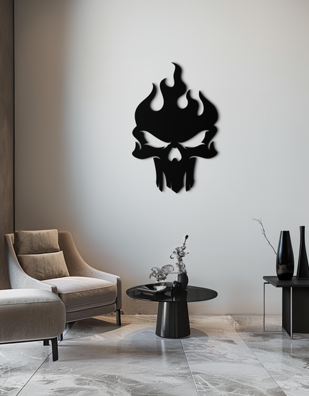 Flaming Skull Metal Wall Art – Bold Gothic Flame Skull Design- KAF623