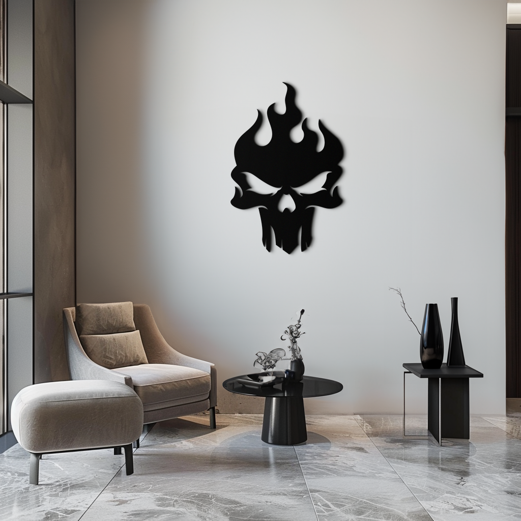 Flaming Skull Metal Wall Art – Bold Gothic Flame Skull Design- KAF623