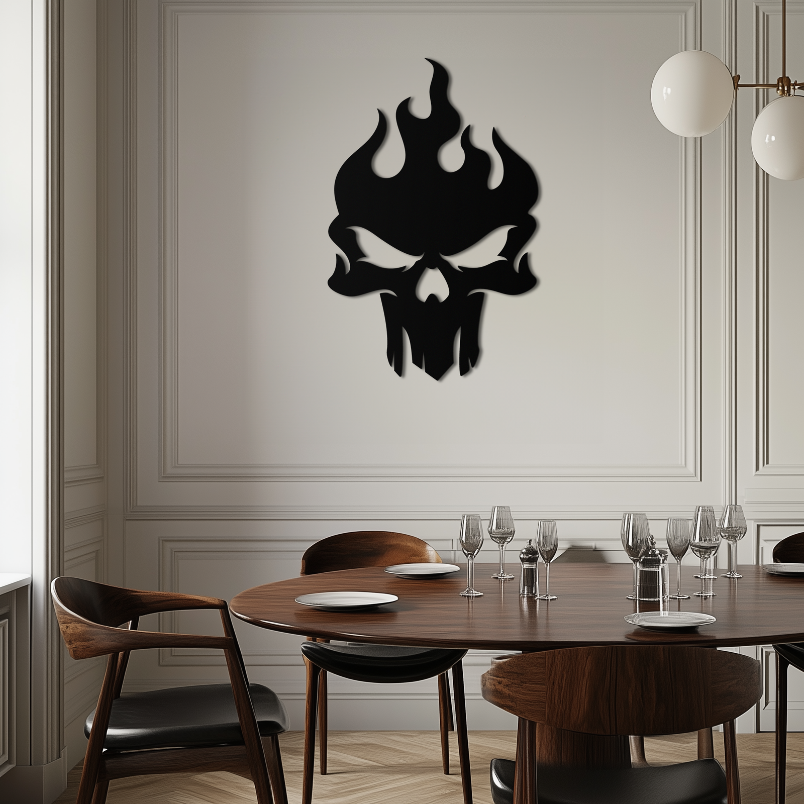 Flaming Skull Metal Wall Art – Bold Gothic Flame Skull Design- KAF623
