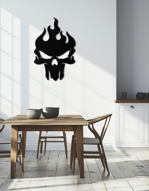 Load image into Gallery viewer, Flaming Skull Metal Wall Art – Bold Gothic Flame Skull Design- KAF623
