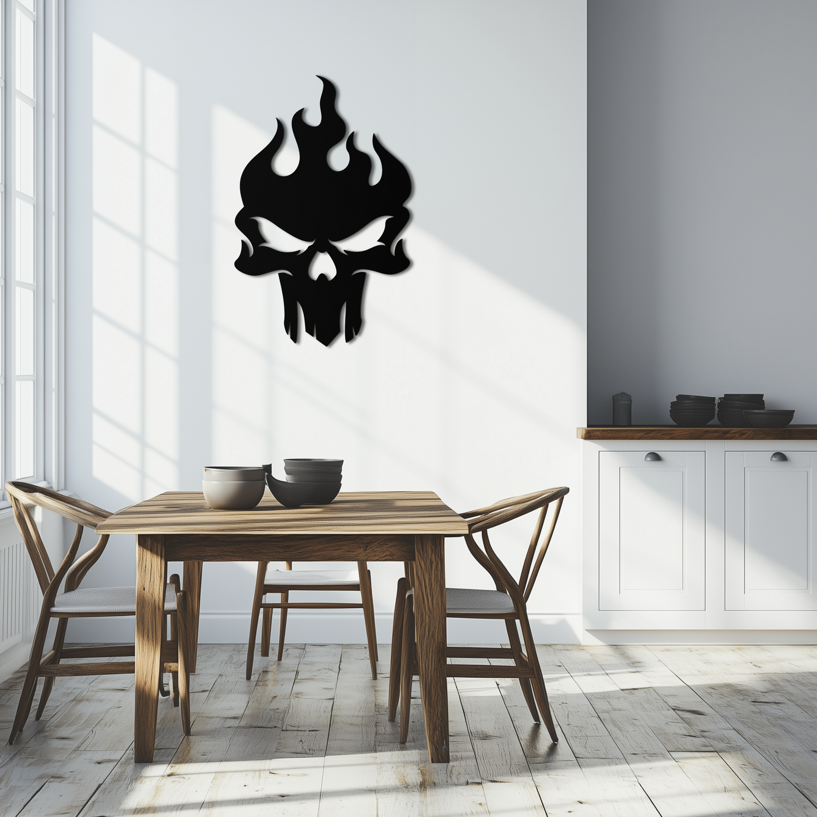 Flaming Skull Metal Wall Art – Bold Gothic Flame Skull Design- KAF623