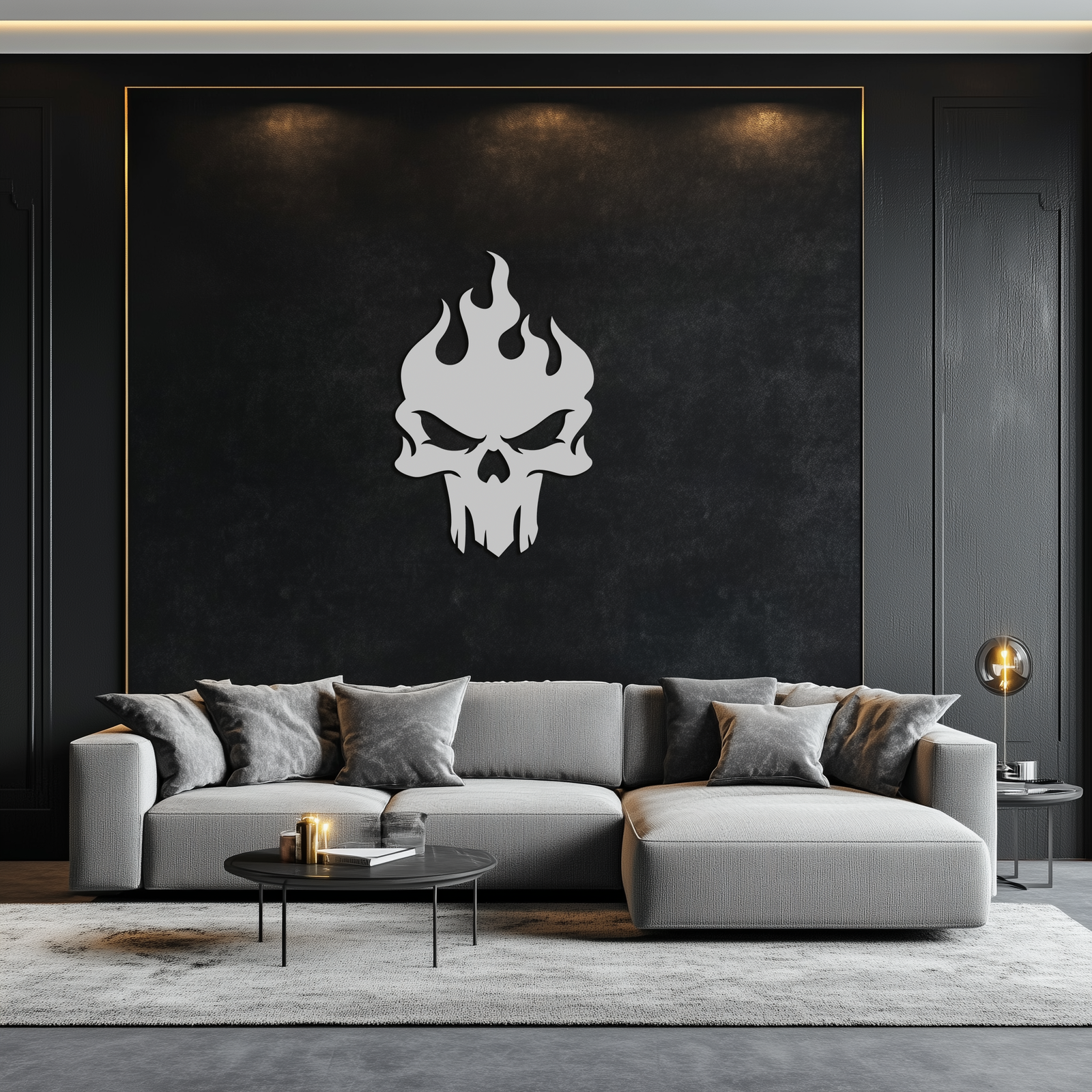 Flaming Skull Metal Wall Art – Bold Gothic Flame Skull Design- KAF623