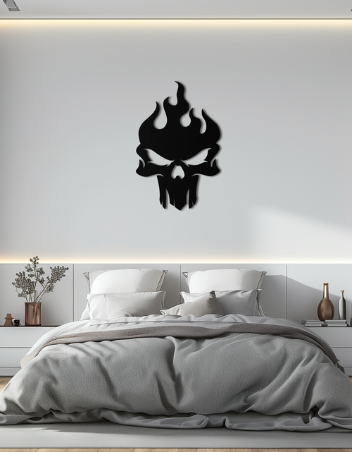 Load image into Gallery viewer, Flaming Skull Metal Wall Art – Bold Gothic Flame Skull Design- KAF623
