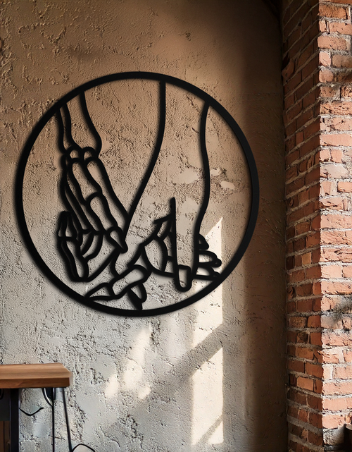 Load image into Gallery viewer, Skeleton and Human Hand Holding – Round Metal Wall Art- KAF628
