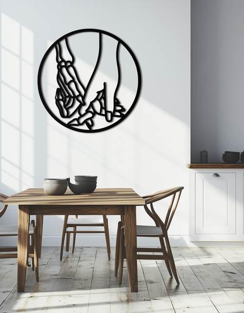 Load image into Gallery viewer, Skeleton and Human Hand Holding – Round Metal Wall Art- KAF628
