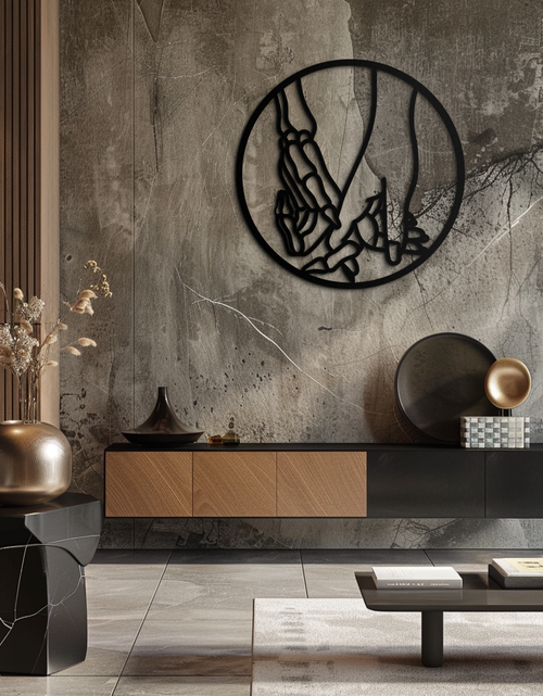 Load image into Gallery viewer, Skeleton and Human Hand Holding – Round Metal Wall Art- KAF628
