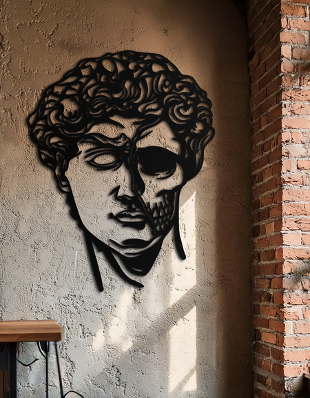 Yarım Kafatası David Başı Metal Duvar Sanatı – Modern Klasik Ölüm Füzyon Dekoru- KAF630