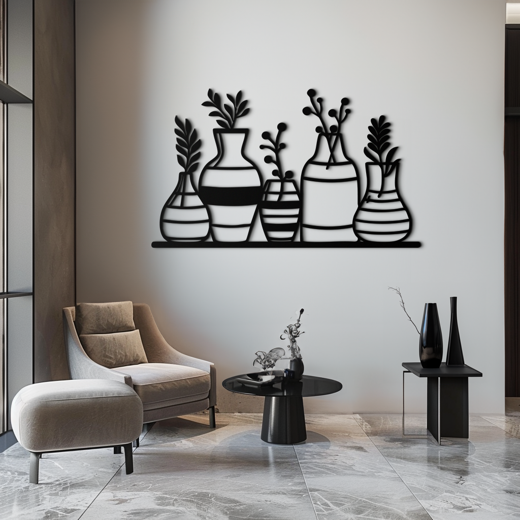 Modern Minimalist Vase Silhouette Metal Wall Art – Geometric Botanical Decor for Living Spaces- KAF631
