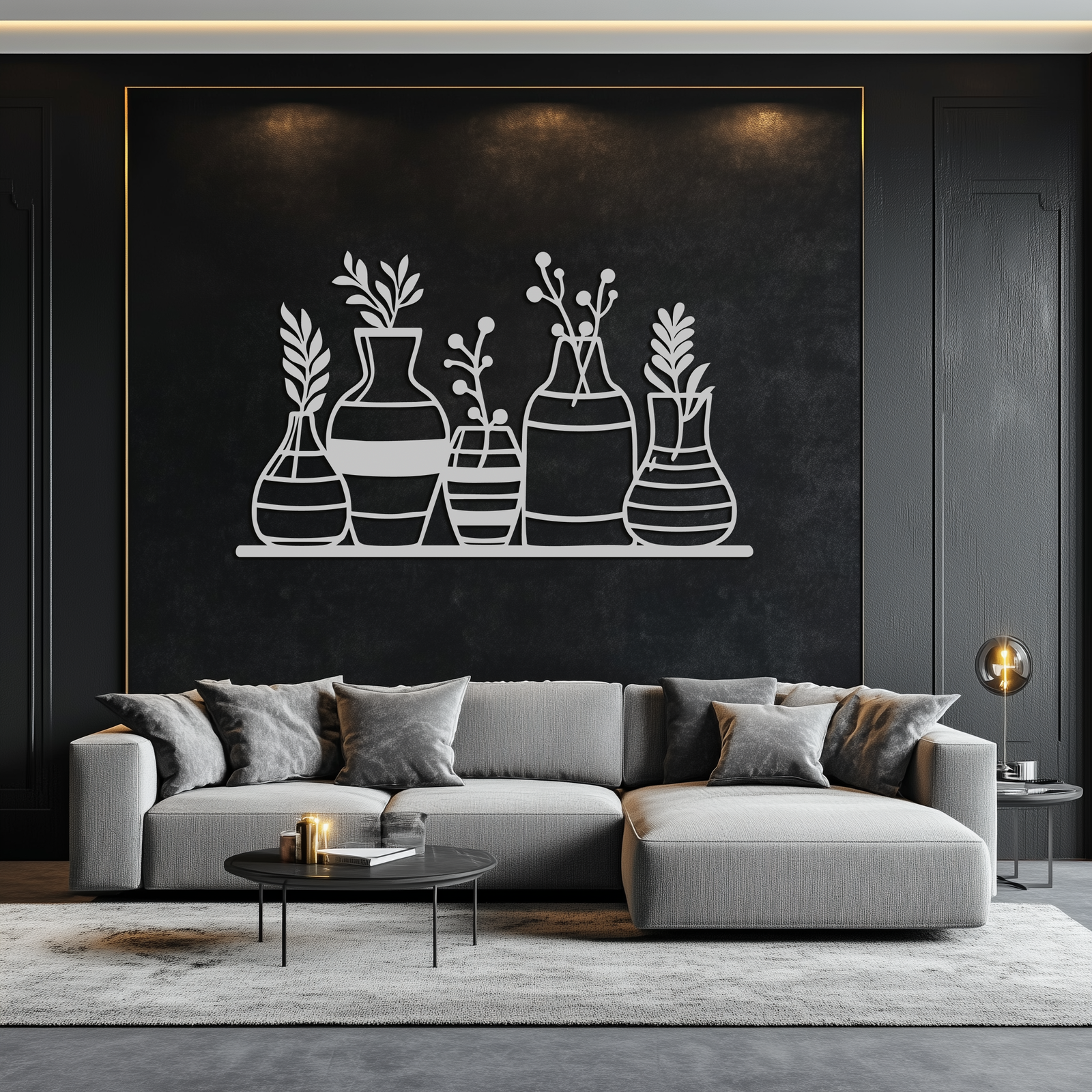 Modern Minimalist Vase Silhouette Metal Wall Art – Geometric Botanical Decor for Living Spaces- KAF631