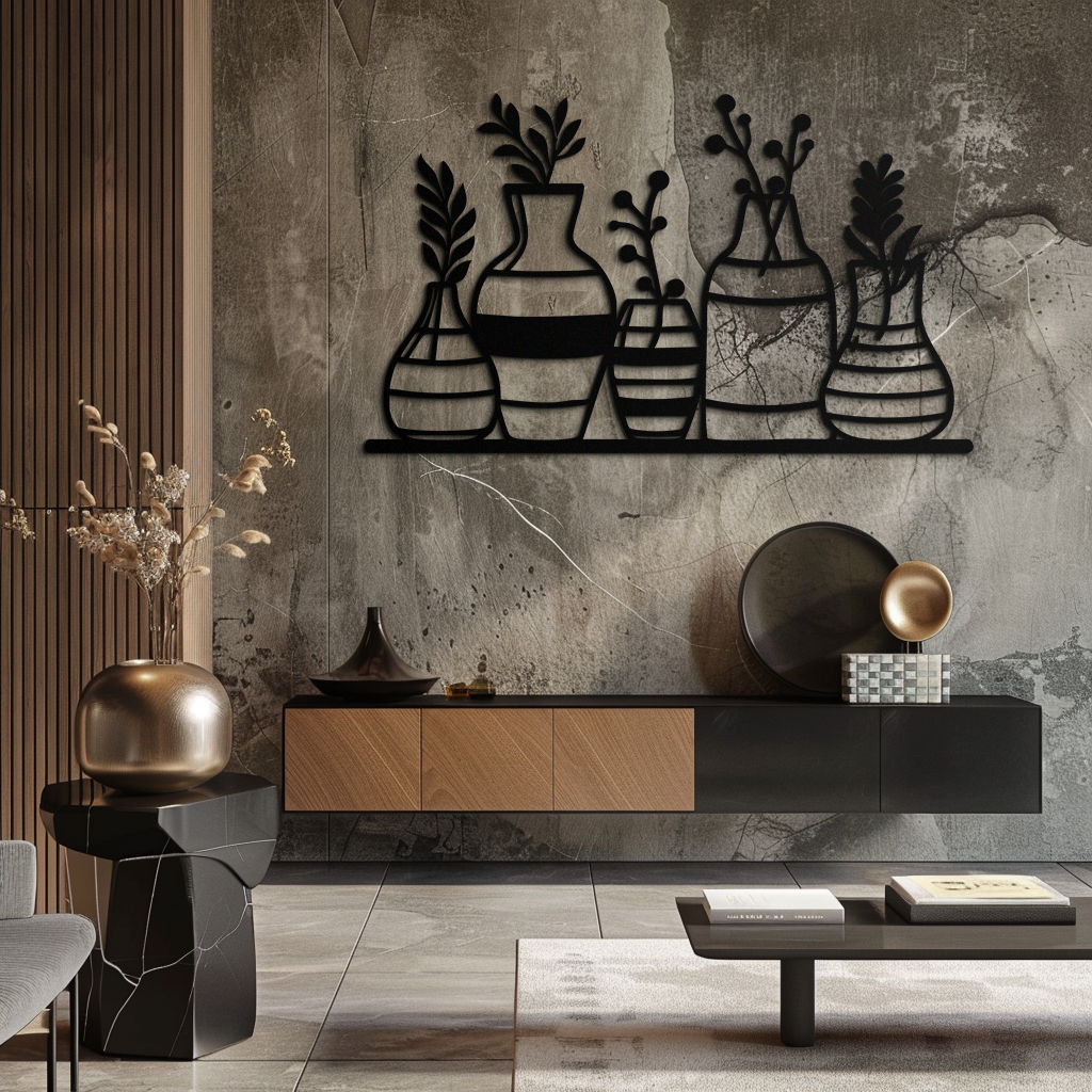 Modern Minimalist Vase Silhouette Metal Wall Art – Geometric Botanical Decor for Living Spaces- KAF631