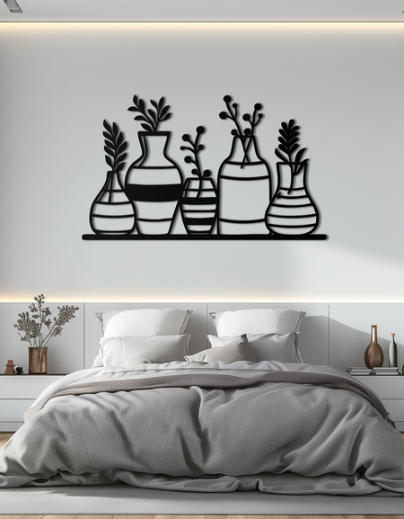 Modern Minimalist Vazo Silüeti Metal Duvar Sanatı – Yaşam Alanları İçin Geometrik Botanik Dekor- KAF631