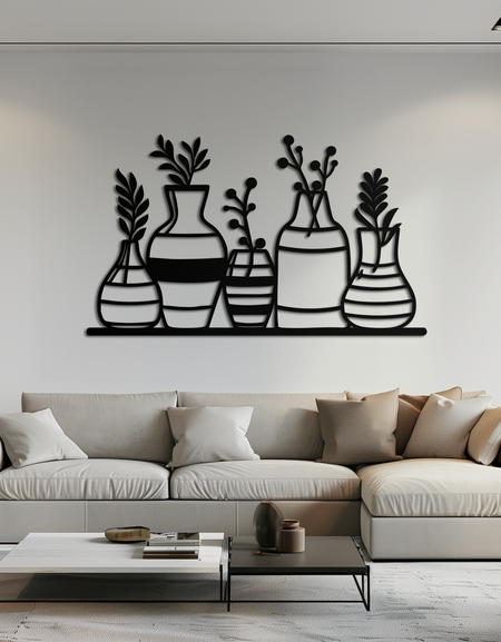 Modern Minimalist Vazo Silüeti Metal Duvar Sanatı – Yaşam Alanları İçin Geometrik Botanik Dekor- KAF631