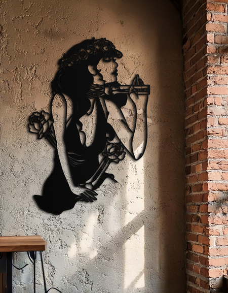 Skeleton Embrace Rose Lady Metal Duvar Sanatı – Romantik Gotik Siluet Dekoru- KAF632