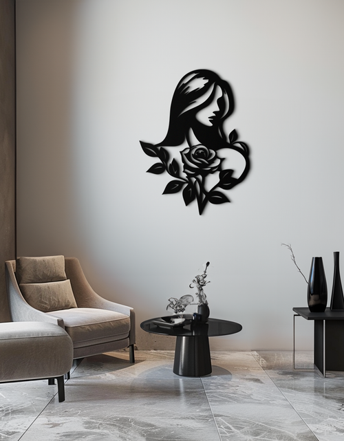Load image into Gallery viewer, Woman and Rose Silhouette Metal Wall Art – Floral Line Art Metal Decor- KAF633
