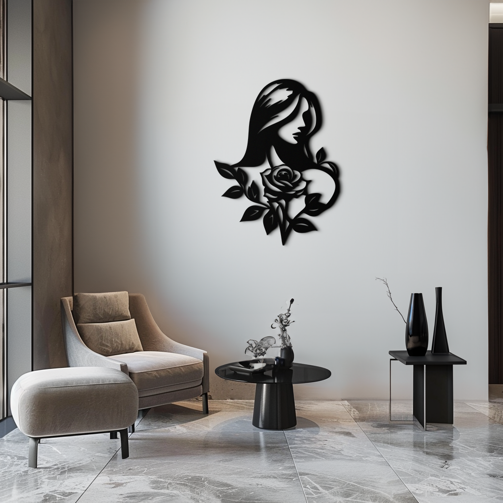 Woman and Rose Silhouette Metal Wall Art – Floral Line Art Metal Decor- KAF633