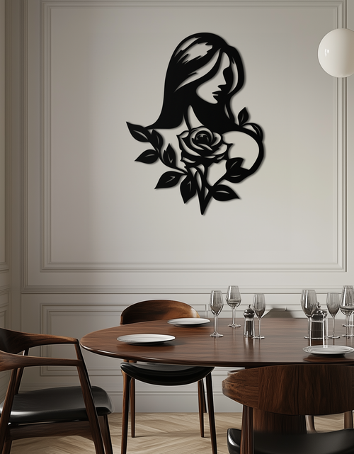 Load image into Gallery viewer, Woman and Rose Silhouette Metal Wall Art – Floral Line Art Metal Decor- KAF633
