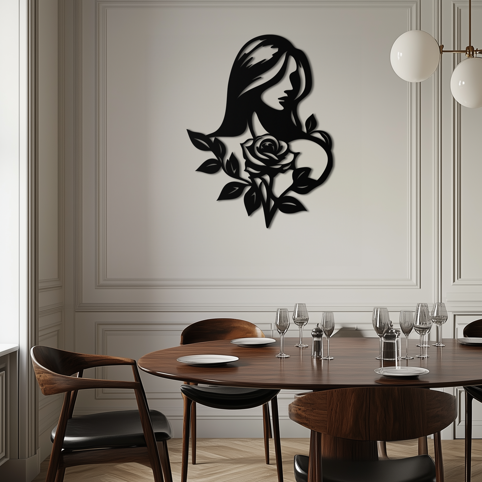 Woman and Rose Silhouette Metal Wall Art – Floral Line Art Metal Decor- KAF633