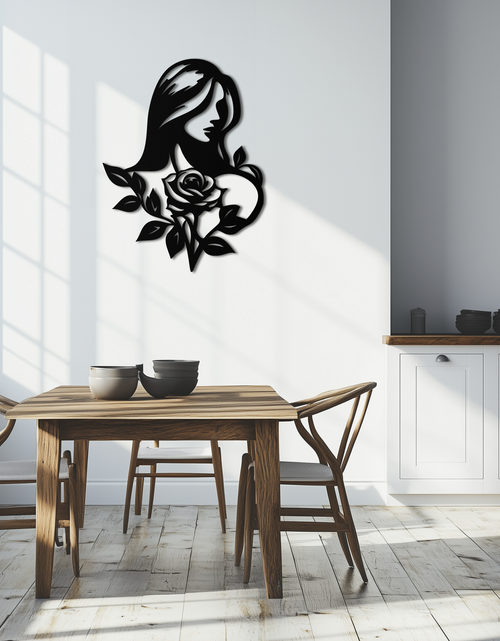 Load image into Gallery viewer, Woman and Rose Silhouette Metal Wall Art – Floral Line Art Metal Decor- KAF633

