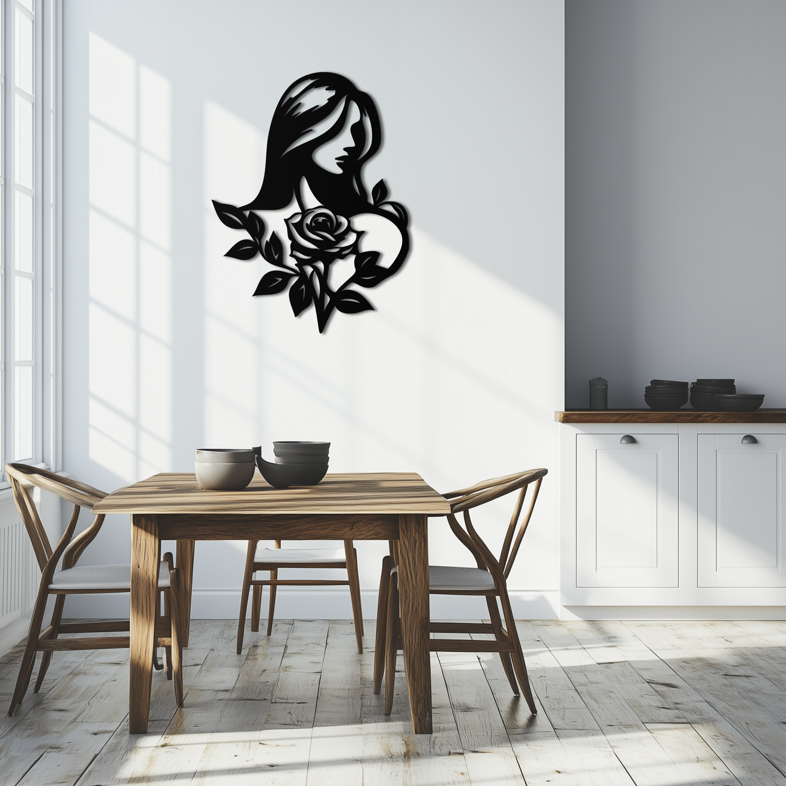 Woman and Rose Silhouette Metal Wall Art – Floral Line Art Metal Decor- KAF633