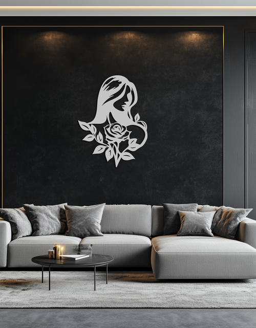 Load image into Gallery viewer, Woman and Rose Silhouette Metal Wall Art – Floral Line Art Metal Decor- KAF633
