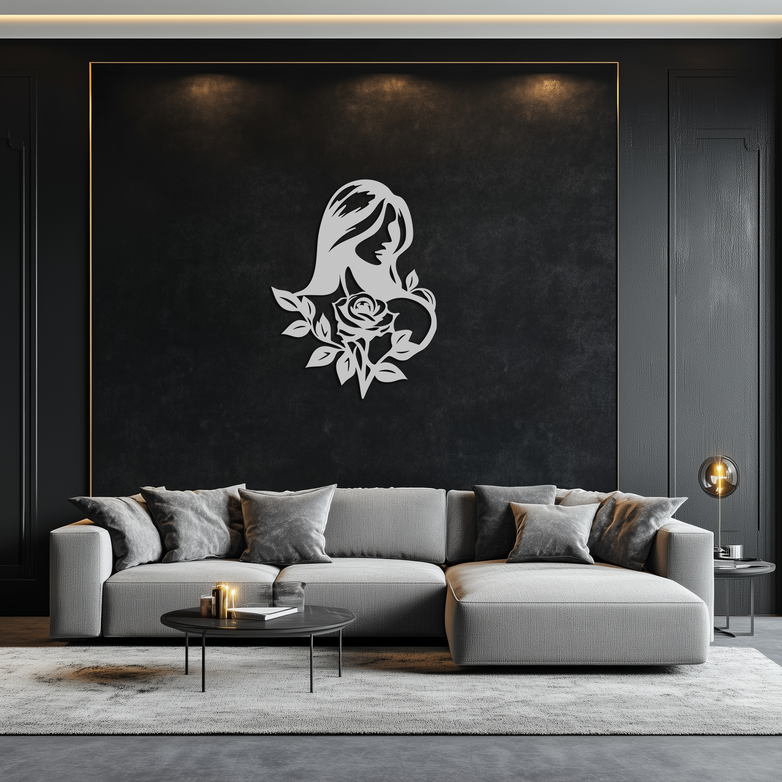 Woman and Rose Silhouette Metal Wall Art – Floral Line Art Metal Decor- KAF633